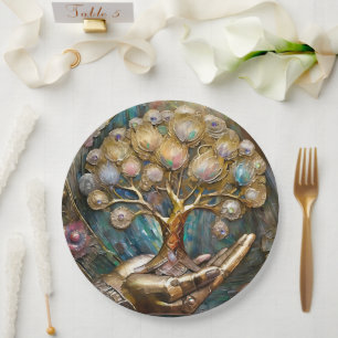 Golden Robot Hand Holding Gold Tree Of Life Paper Plate