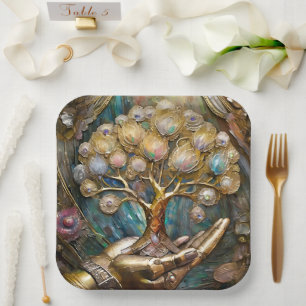 Golden Robot Hand Holding Gold Tree Of Life Paper Plate