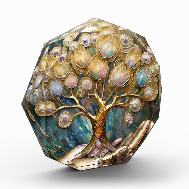 Golden Robot Hand Holding Gold Tree Of Life Photo Block (Left)