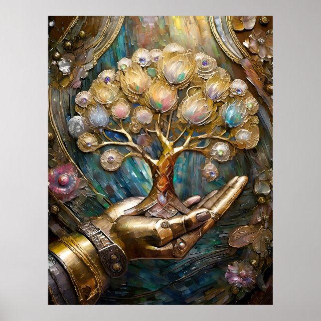Golden Robot Hand Holding Gold Tree Of Life Poster (Front)