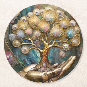 Golden Robot Hand Holding Gold Tree Of Life Round Paper Coaster