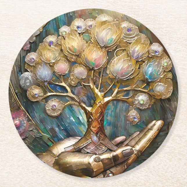 Golden Robot Hand Holding Gold Tree Of Life Round Paper Coaster (Front)