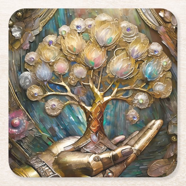 Golden Robot Hand Holding Gold Tree Of Life Square Paper Coaster (Front)