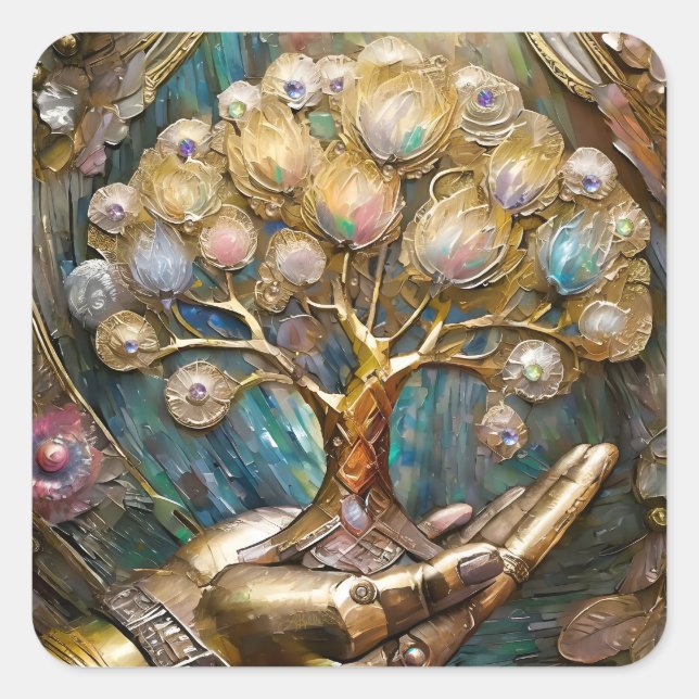 Golden Robot Hand Holding Gold Tree Of Life Square Sticker (Front)