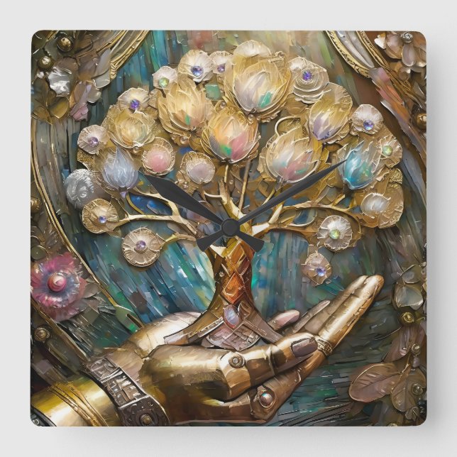 Golden Robot Hand Holding Gold Tree Of Life Square Wall Clock (Front)