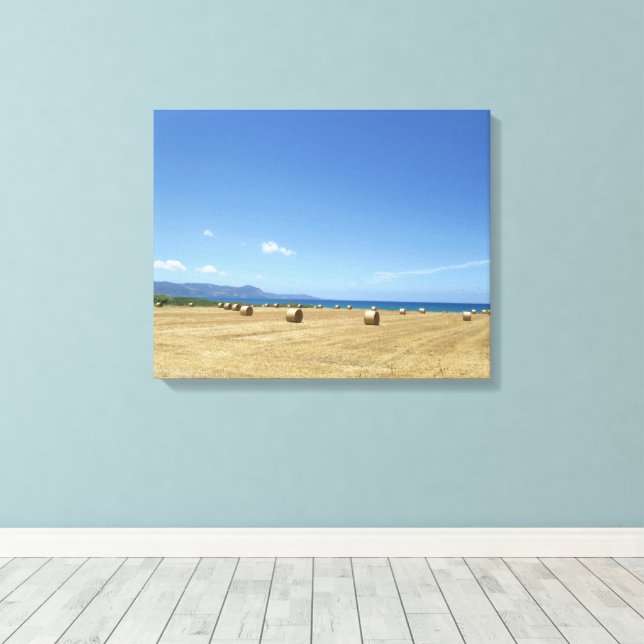 Golden Rolls of Hay and Deep Blue Sea Design  Canvas Print (Insitu(Wood Floor))