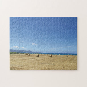 Golden Rolls of Hay and Deep Blue Sea Design Jigsaw Puzzle