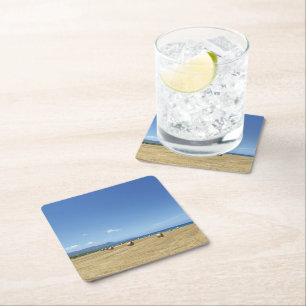 Golden Rolls of Hay and Deep Blue Sea Design Square Paper Coaster