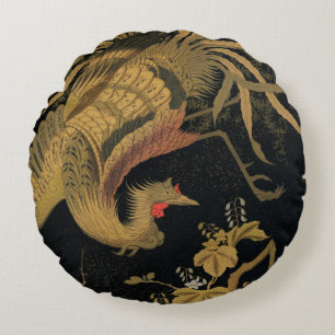 Golden Rooster Bird Japanese Classic Antique Round Pillow