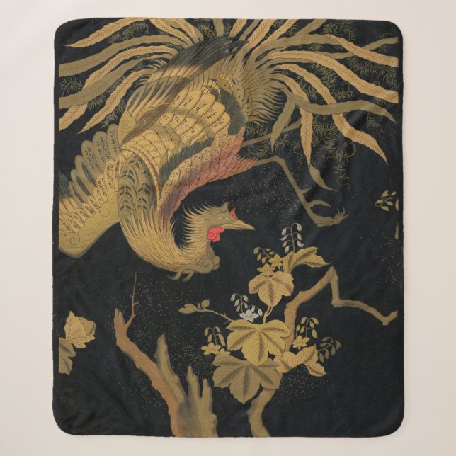 Golden Rooster Bird Japanese Classic Antique Sherpa Blanket (Front)