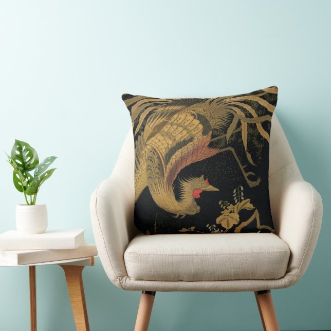 Golden Rooster Bird Japanese Classic Antique Throw Pillow (Chair)