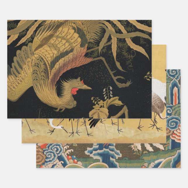 Golden Rooster Bird Japanese Classic Antique Wrapping Paper Sheet (Set)