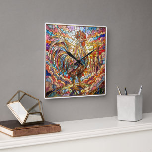 Golden Rooster of Light Crowing mosaic  Square Wall Clock