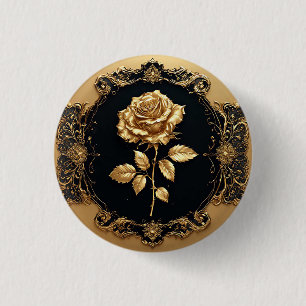Golden Rose Artwork with Ornate Decorative Element 1 Inch Round Button