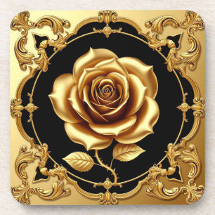 Golden Rose Artwork with Ornate Decorative Element Coaster