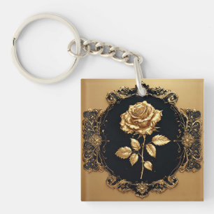 Golden Rose Artwork with Ornate Decorative Element Keychain