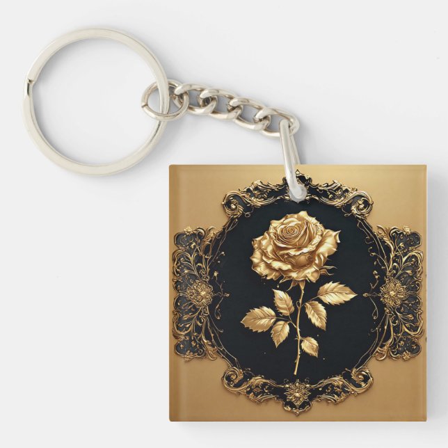 Golden Rose Artwork with Ornate Decorative Element Keychain (Front)