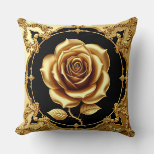 Golden Rose Artwork with Ornate Decorative Element Throw Pillow
