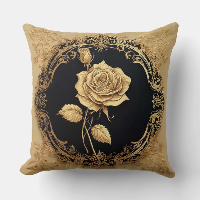 Golden Rose Artwork with Ornate Decorative Element Throw Pillow (Front)
