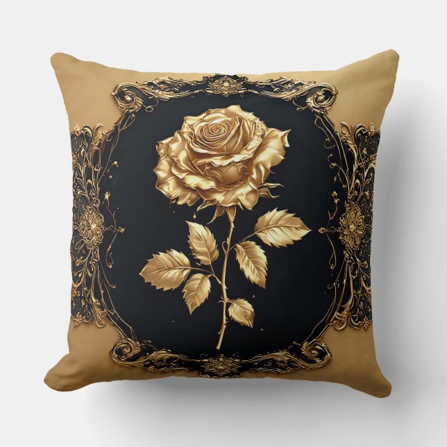 Golden Rose Artwork with Ornate Decorative Element Throw Pillow (Front)