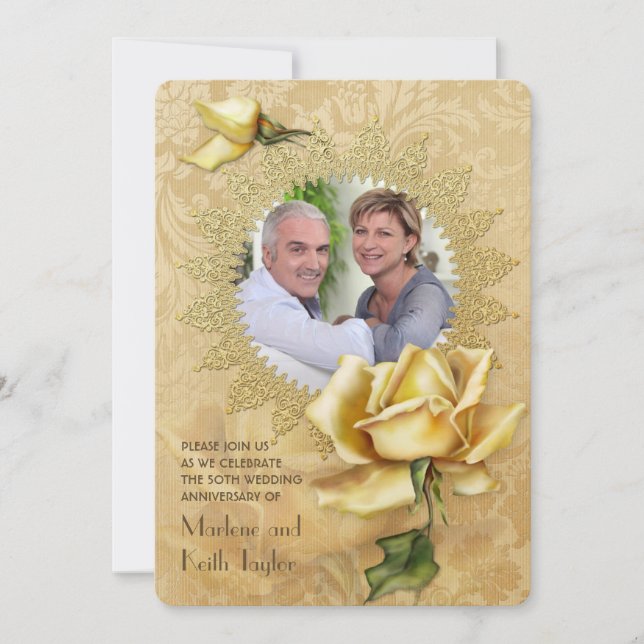 Golden Rose Damask 50th Wedding Anniversary Invitation (Front)