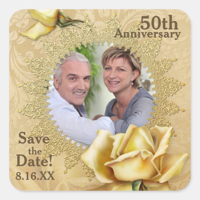 Golden Rose Damask 50th Wedding Anniversary Square Sticker (Front)