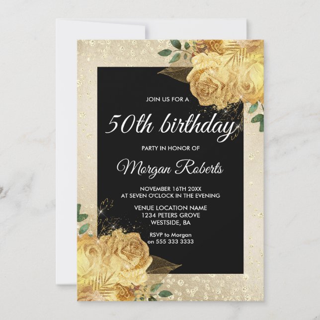 Golden Rose Glitter Floral 50th Birthday Invite (Front)