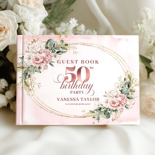 Golden Rose Gold Blush Greenery 50th Birthday Guest Book