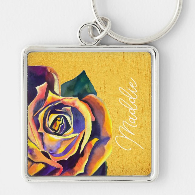 Golden Rose Gothic watercolor art Keychain (Front)