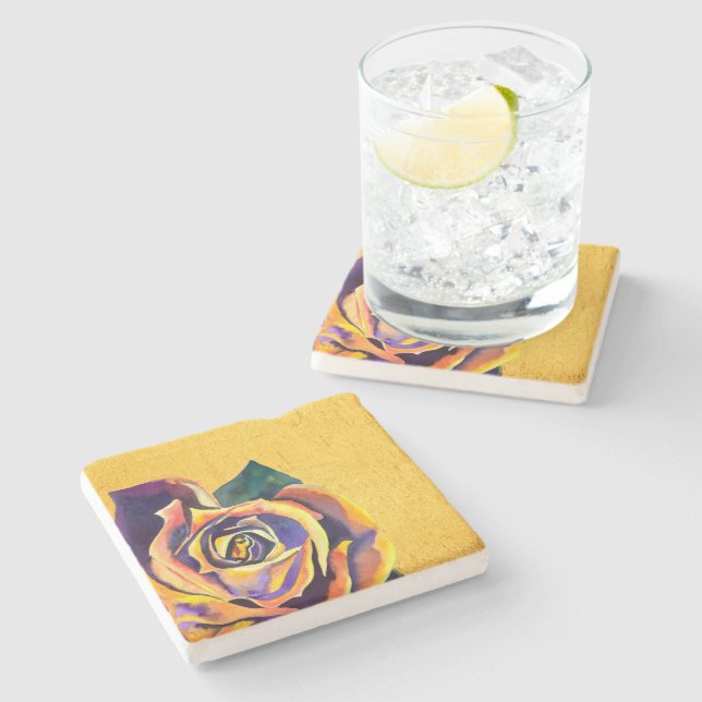 Golden Rose Gothic watercolor art Stone Coaster (Side)