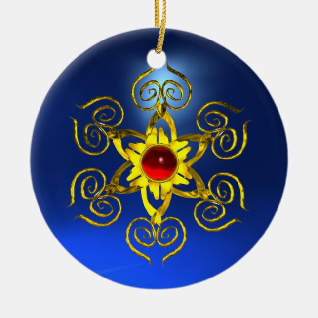 GOLDEN ROSE RUBY Blue Sapphire Ceramic Ornament (Front)
