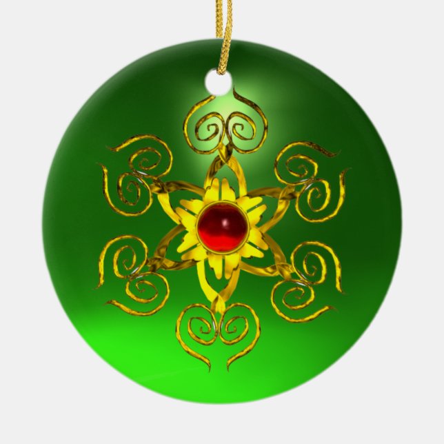 GOLDEN ROSE RUBY Green Emerald Ceramic Ornament (Front)