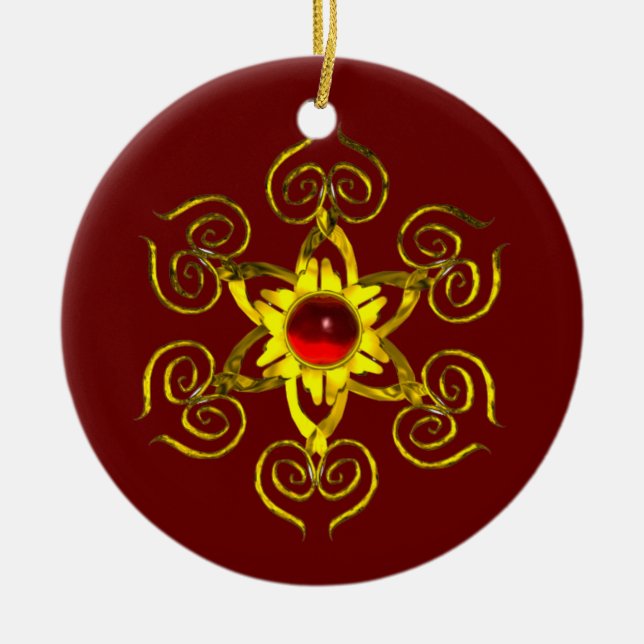 GOLDEN ROSE RUBY ,Red and Blue Ceramic Ornament (Front)