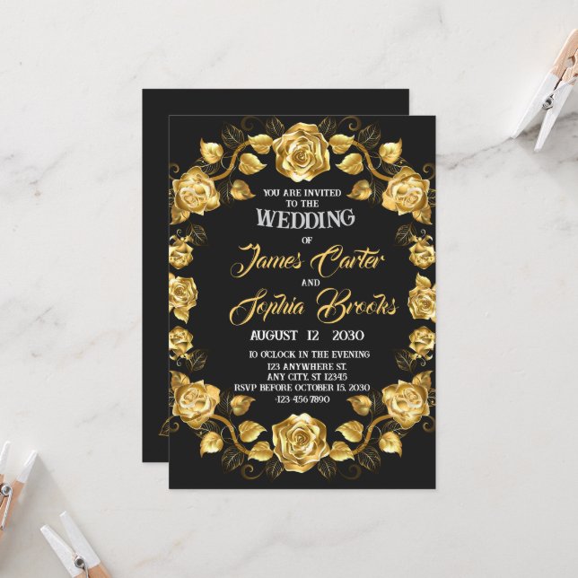 Golden rose wedding invitation (Front/Back In Situ)