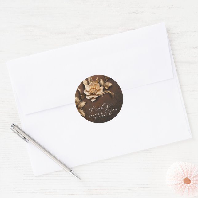 Golden rose wedding thank you classic round sticker (Envelope)