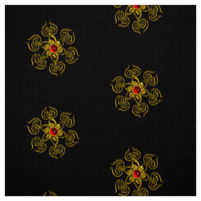 GOLDEN ROSE WITH RED RUBY Black Pattern Fabric (Swatch)