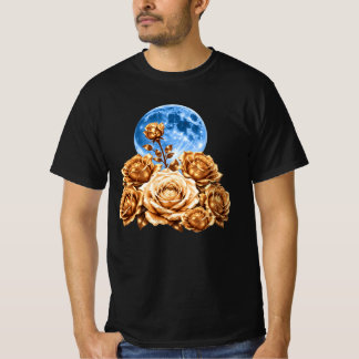 Golden Roses & Blue Full Moon Celestial Aesthetic  T-Shirt