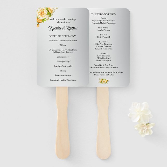 Golden Roses Botanical Beauty Silver Wedding Hand Fan (Front and Back)