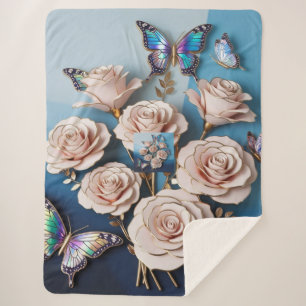 "Golden Roses & Butterflies in 3D: Elegance on Bl Sherpa Blanket