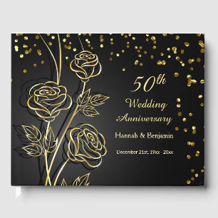 Golden roses, confetti 50th Wedding Anniversary Guest Book