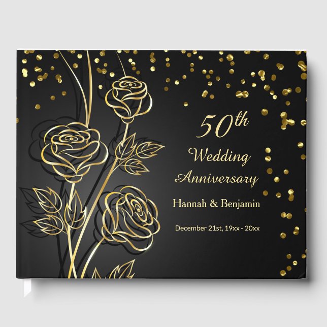Golden roses, confetti 50th Wedding Anniversary Guest Book (Front)
