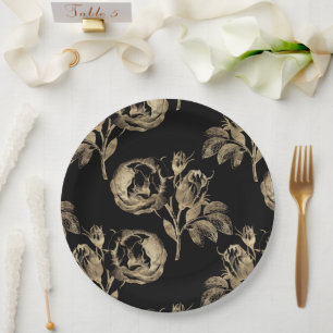 Golden Roses   Elegant Gold Floral on Black Paper Plate