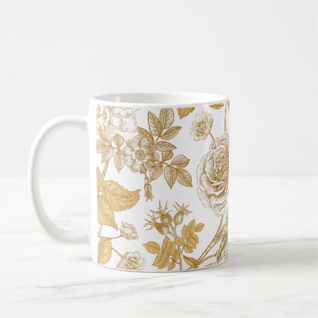 Golden roses,  flowers,  leaves and berries of dog coffee mug (Left)