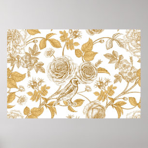 Golden roses,  flowers,  leaves and berries of dog poster