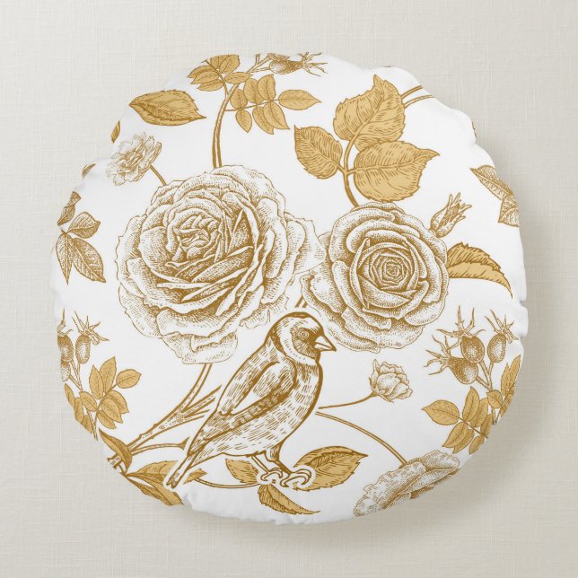Golden roses,  flowers,  leaves and berries of dog round pillow (Front)