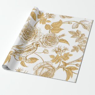 Golden roses, flowers, leaves and berries of dog wrapping paper