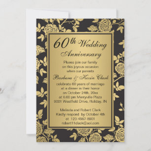 Golden roses on black 60th Anniversary Invitation