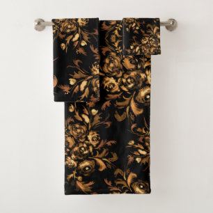 Golden Roses on Black Floral Pattern Bath Towel Set
