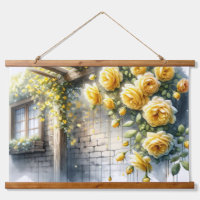 Golden Roses on Rustic Stone Cottage Wall