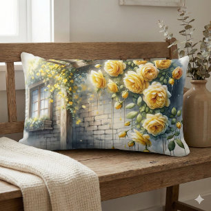 Golden Roses on Rustic Stone Cottage Wall Lumbar Pillow